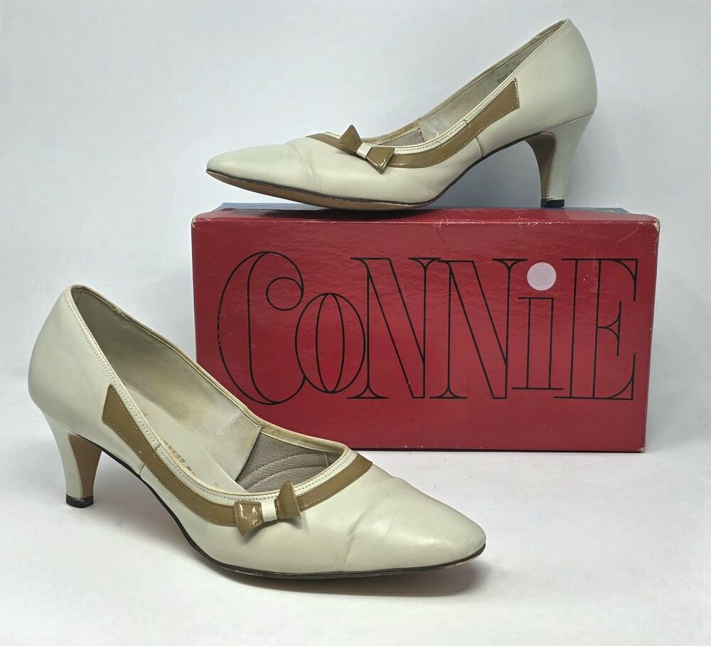 Fanfares Connie VTG 50s Mod Bandstand Bone Babydoll Bow Pumps, Box Size 10 B/AA